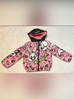 Members Only Pink Looney Tunes Girls Pink Hooded Puffer Jacket Full Zip-Size 3T